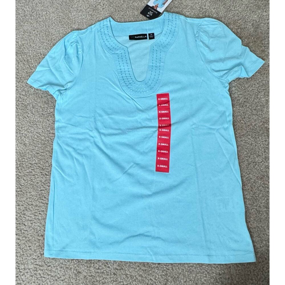 Rafaella Light Blue Embroidered V-Neck Short Sleeve Top Women’s Size XSMALL NWT
